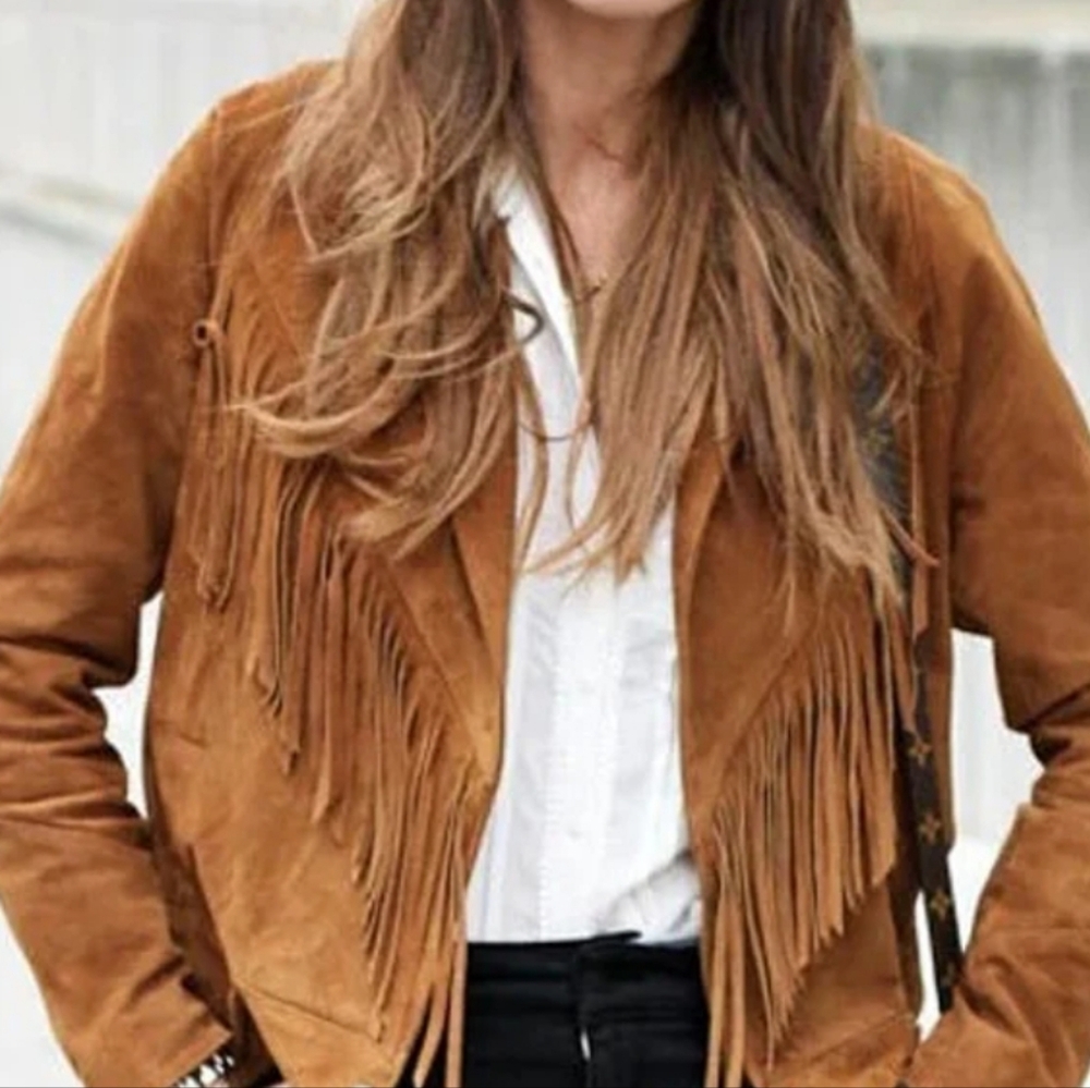 Anthropologie Brown Suede Fringe Jacket